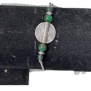 Italy Sterling Silver 925 Bracelet Green Agate Stone Beads Spiral Modernist MCM
